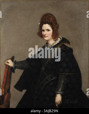 Porträt einer Dame (wahrscheinlich Condesa de Monterey), gemalt von Diego Velázquez um 1635, ist ein elegantes und würdevolles Porträt einer Adligen. Velázquez Beherrschung des Lichts und der Textur zeigt sich in der raffinierten Darstellung, die die Anmut und den Adel des Motivs einfängt. Stockfoto