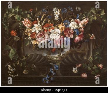 Dieses Gemälde von Juan de Arellano aus dem Jahr 1652 zeigt eine lebendige Blumengirlande, die sich vor einer Landschaft befindet. Es ist ein schönes Beispiel barocker floraler Stilleben-Kunst. Stockfoto