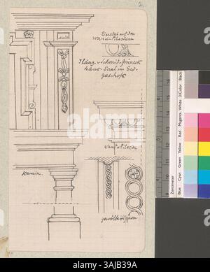 Diese Zeichnung von Johann Rudolf Rahn aus dem Jahr 1906 zeigt die Wandverkleidung und Dekoration im Erdgeschoss des Schmid-Grüneck-Hauses in Ilanz, Schweiz. Stockfoto