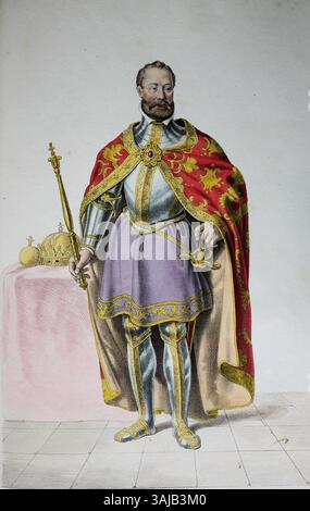 Lithographie von Rudolf II. (1552–1612), Kaiser und König von Böhmen, erstellt von Josef Kriehuber 1828 nach einer Zeichnung von Moritz von Schwind. Der Druck veranschaulicht die österreichischen Porträttechniken des 19. Jahrhunderts. Stockfoto