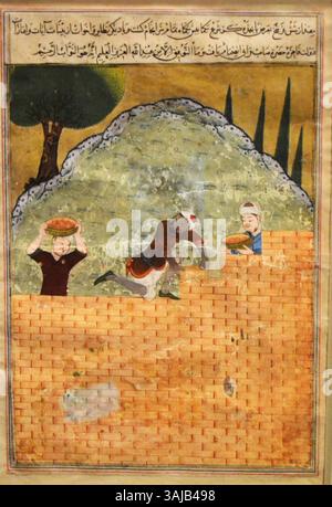 Das Gemälde „der Wiederaufbau der Stadt Baylaqaa“ aus dem Zafarnama von 1436 zeigt die Wiederaufbaubemühungen nach Timurs Eroberung. Es erfasst die Stadterneuerung und die Auswirkungen der Herrschaft Timurs auf die Entwicklung der Städte innerhalb des Reiches. Stockfoto