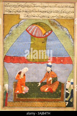 Dieses Gemälde aus der „Zafarnama“ zeigt Timur in seiner Jurte und unterhält Gäste. Die Szene veranschaulicht das persönliche Leben des timuridischen Herrschers und den kulturellen Reichtum seines Hofes, wie sie in der Handschrift von 1436 dargestellt wird. Stockfoto