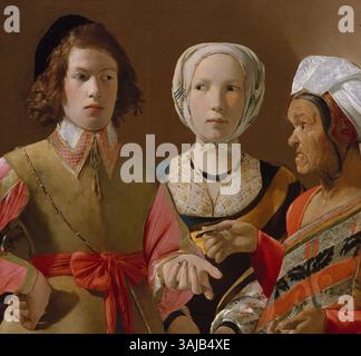 Georges de La Tours „der Glückszähler“, der in den 1630er Jahren gemalt wurde, zeigt einen jungen Mann, der sein Vermögen erzählt. Das Gemälde ist bekannt für seine dramatische Beleuchtung und realistische Darstellung der Figuren, die in der Wahrsagerszene beteiligt sind. Stockfoto