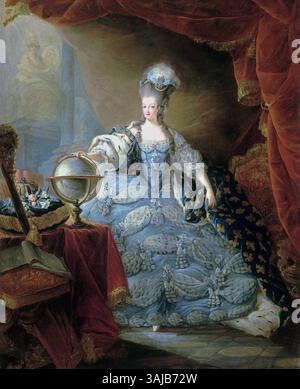 Porträt von Marie-Antoinette von Österreich, gemalt 1775, zeigt die Königin von Frankreich in königlicher Pose. Das von Jean-Baptiste André Gautier-Dagoty entworfene Kunstwerk spiegelt die Eleganz und den Adel von Marie-Antoinette wider, einer prominenten Persönlichkeit in der französischen Geschichte des späten 18. Jahrhunderts. Das Gemälde befindet sich im Schloss Versailles. Stockfoto