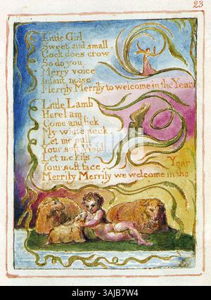 „Spring p2“ aus William Blakes 1826er Serie „Songs of Innocence and of Experience“ fängt die Erneuerung des Lebens und den Optimismus des Frühlings ein. Die Gravur zeigt Blakes Darstellung natürlicher Schönheit und Unschuld. Stockfoto