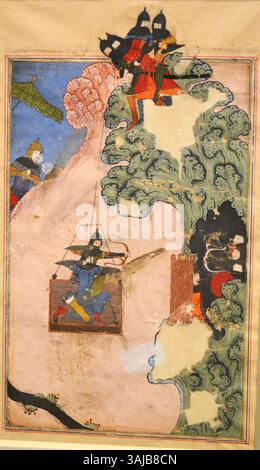 In diesem Gemälde aus der Zafarnama von 1436 ist Timurs Belagerung der Abchasis im August 1403 dargestellt. Das Kunstwerk fängt die Intensität der Belagerung ein und hebt die militärische Strategie und das Umfeld der Schlacht in der Höhle hervor. Stockfoto