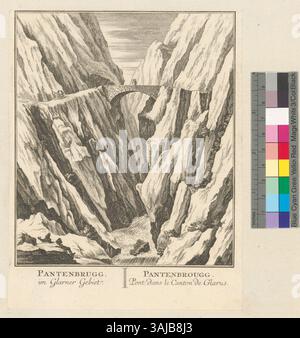 Eine Radierung aus dem Jahr 1754, die Pantenbrugg darstellt, befindet sich im Glarner Gebiet der Schweiz. Der Druck ist Teil von David Herrlibergers neue und vollständige Topographie der Eidgnosschaft, die die Landschaft und architektonischen Besonderheiten des Gebiets zeigt. Stockfoto