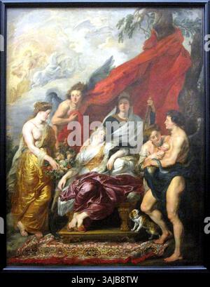 Peter Paul Rubens’ „die Geburt Ludwigs XIII. In Fontainebleau“, gemalt zwischen 1622 und 1625 aus dem Marie de’ Medici-Zyklus. Es zeigt allegorische Figuren wie Apollo und Cybele, die die Geburt des französischen Dauphin feiern. Stockfoto