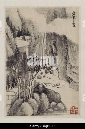 Dieses Gemälde von Dong Qichang (1555–1636) zeigt seine Beherrschung der chinesischen Landschaftsmalerei mit traditionellen Pinselarbeiten und akribischen Details. Dong war eine prominente Figur in der Kunstszene der Ming-Dynastie. Stockfoto