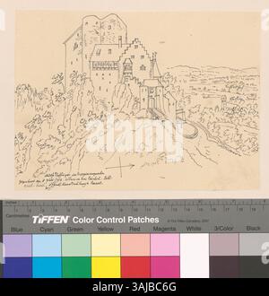 Die Zeichnung zeigt das Schloss Pfeffingen, das sich auf dem Bergrücken der Blauen in Pfeffingen, Schweiz, befindet. Es wurde von Johann Rudolf Rahn geschaffen und ist eine Kopie eines früheren Werkes des Basler Bäckers und Künstlers Emanuel Büchel. Das Bild zeigt das Äußere des Schlosses am Morgen und zeigt die historischen architektonischen Merkmale des Gebäudes zwischen 1860 und 1880. Stockfoto