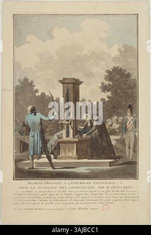 Dieser von Jean-Francois Janinet zwischen 1789 und 1791 geschaffene Druck zeigt einen frühen Entwurf für die Guillotine, wie er von Dr. Guillotin vorgeschlagen wurde. Die Szene zeigt den Verurteilten, der ihn mit einem Priester segnet, während der Henker sich auf die Vollstreckung des Urteils vorbereitet. Stockfoto
