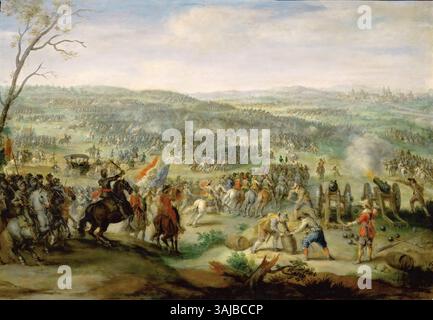 Peter Snayers’ Gemälde aus den 1630er Jahren fängt die Schlacht am Weißen Berg ein und zeigt den Tod von Geert Abramsz. Van Houwelingen und die Auseinandersetzung zwischen flämischen und französischen Soldaten. Dieses Ölgemälde spiegelt die turbulente Zeit des Dreißigjährigen Krieges wider. Stockfoto