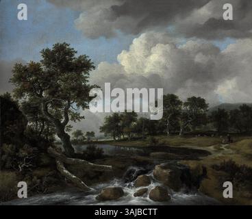 Jacob van Ruisdaels „Landschaft mit Wasserfall“ (1670–79) ist ein Ölgemälde, das eine dramatische Naturlandschaft darstellt. Das Werk zeigt Ruisdaels Beherrschung des Lichts, der Textur und der Kraft der Natur, wobei das charakteristische „JRuisdael“ in der rechten unteren Ecke sichtbar ist. Stockfoto