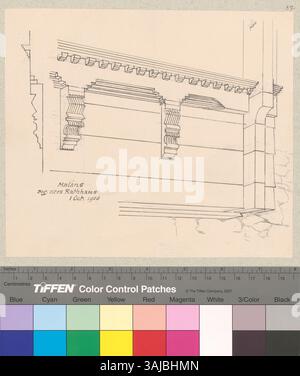 Das Bild zeigt einen Teil der Fassade des sogenannten „alten Rathauses“ in Malans, das sich unter der reformierten Kirche befindet und dessen historische Architektur zeigt. Stockfoto