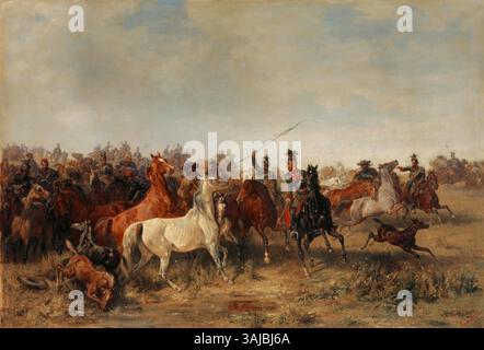 Franz Adams Gemälde von 1863 zeigt österreichische Ulanen, die ungarische Husaren und eine Pferdeherde jagen. In Öl gemalt, spiegelt er die Erfahrung des Künstlers in den österreichisch-italienischen Feldzügen Mitte der 1800er Jahre wider und zeigt eine historische Schlachtszene. Stockfoto