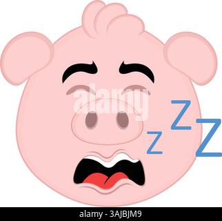 Vektor Illustration Emoji Charakter Gesicht Schwein Cartoon, Schnarchen mit Mund offen und Text zzz Stock Vektor