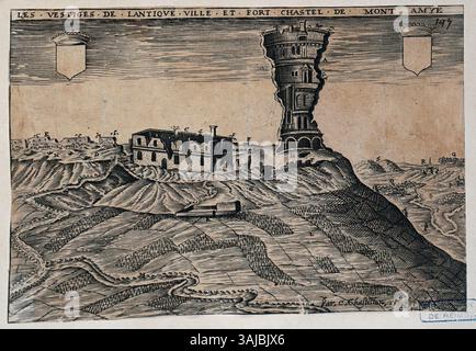 Claude Chastillon (1559–1616) schuf diesen Stich, der den Mont Aimé, eine historische Region in Frankreich, darstellt. Das Werk basiert auf einer vorherigen Gravur und bietet eine detaillierte Ansicht des Bereichs. Stockfoto