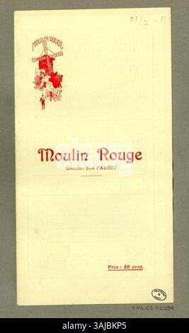 Ein Druck aus dem Jahr 1911 mit dem Titel „Moulin Rouge“, der die Essenz des berühmten Pariser Kabaretts einfängt. Das Kunstwerk spiegelt die lebendige Unterhaltungskultur Frankreichs des frühen 20. Jahrhunderts wider. Stockfoto