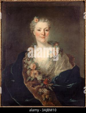 Dieses Porträt von Louis Tocqué aus dem Jahr 1750, das Madame Doyen zeigt, zeigt die Mode und den Porträtstil des Frankreich des 18. Jahrhunderts. Es ist in Öl auf Leinwand gemalt und befindet sich im Musée Carnavalet in Paris. Stockfoto