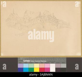 Zeigt eine Außenansicht des ehemaligen Zisterzienserklosters in Bebenhausen. Diese 1863 entstandene Illustration von Johann Rudolf Rahn zeigt die architektonischen Merkmale des Klosters. Stockfoto