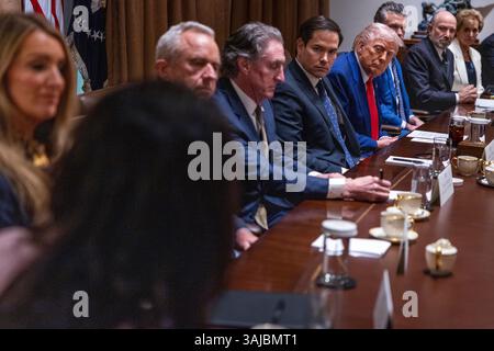US-Präsident Donald J. Trump hört sich während einer Kabinettssitzung im Kabinettssaal des Weißen Hauses in Washington, DC, USA, am 10. April 2025 an. Kredit: Shawn Thew/Pool über CNP Stockfoto