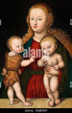 Ein Gemälde aus der Werkstatt von Lucas Cranach dem Älteren, diese „Madonna und Kind mit dem Heiligen Johannes“, entstand um 1520–1530. Es stellt ein typisches Beispiel für die religiöse Kunst der Renaissance dar, mit einem Schwerpunkt auf der Jungfrau Maria, dem Jesuskind und dem Heiligen Johannes dem Täufer als Kind. Stockfoto