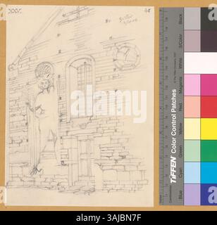 Diese Zeichnung von Johann Rudolf Rahn aus dem Jahr 1906 zeigt den hl. Christophorus an der Westfassade der reformierten Kirche St. Martin in Zillis, Schweiz. Im Mittelalter galt St. Christopher als Schutz für Reisende vor plötzlichem Tod. Stockfoto