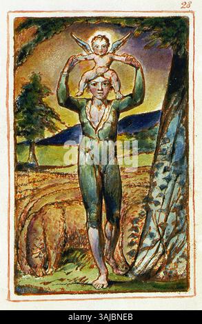 Dieser Gravur von William Blake aus dem Jahr 1826 ist Teil seiner „Songs of Innocence and of Experience“-Serie, die Blakes thematische Auseinandersetzung mit menschlichen Emotionen und spiritueller Dualität widerspiegelt. Das Werk ist Teil der Library of Congress Sammlung. Stockfoto