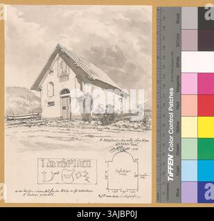 Diese 1906 von Johann Rudolf Rahn gezeigte Illustration zeigt das Äußere der Nikolaikapelle in Laax, Schweiz, inklusive Grundriss und Spendertafel aus dem Jahr 1503 über dem Portal. Stockfoto
