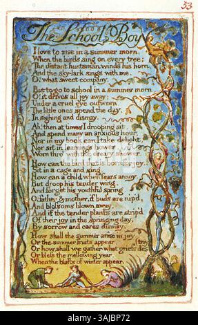 William Blakes Gravur „The School Boy“ aus seiner Serie „Songs of Innocence and of Experience“ aus dem Jahr 1826 fängt die Unschuld und Verletzlichkeit der Kindheit ein. Das Bild symbolisiert die Spannung zwischen gesellschaftlichem Druck und der natürlichen Freiheit der Jugend. Stockfoto