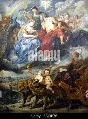 Peter Paul Rubens Ölgemälde „das Treffen von Marie de' Medici und Heinrich IV. In Lyon“ zeigt das historische Treffen der französischen Monarchen aus dem Jahr 1600. Sie wurde zwischen 1621 und 1625 gegründet und ist Teil des Marie de' Medici-Zyklus. Stockfoto