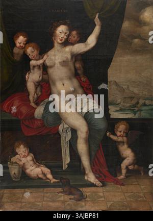 Das Gemälde „Benevolence“, das von einem anonymen Meister zwischen 1550 und 1599 geschaffen wurde, stellt eine Allegorie der Wohltätigkeit dar. Dieses Öl-auf-Leinwand-Werk ist im Museum der Schönen Künste Gent untergebracht und spiegelt die moralischen und philosophischen Themen wider, die während der flämischen Renaissance populär waren. Stockfoto