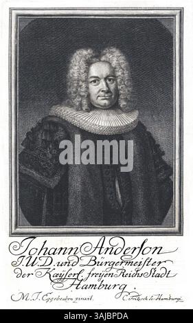 Christian Fritzschs zwischen 1723 und 1769 entstandenes Porträt von Johann Anderson veranschaulicht die historische Figur in einem detaillierten Stich. Das Porträt bietet einen Einblick in die europäische Kunst und Porträts des 18. Jahrhunderts und zeigt den Status und die Persönlichkeit des Sitters. Stockfoto