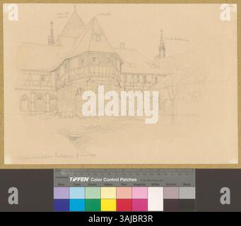 Diese Zeichnung von Johann Rudolf Rahn aus dem Jahr 1863 zeigt die Außenansicht des Kreuzgangs des ehemaligen Zisterzienserklosters in Bebenhausen und hebt dessen Architektur und Struktur hervor. Stockfoto