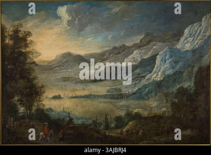 Ein Gemälde von Joos de Momper II., das zwischen 1601 und 1625 ein bergiges Tal mit Hafen darstellt und Landschaftsmalerei in Öl auf Leinwand zeigt. Stockfoto
