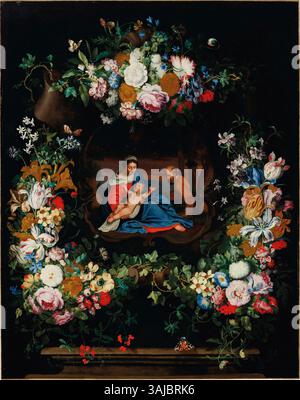 Dieses Gemälde aus dem 17. Jahrhundert von Jan Pieter Breughel zeigt die Jungfrau und das Kind mit dem Heiligen Joseph in einer Kartusche, umgeben von einer Blumengirlande, darunter Rosen und Tulpen. Es ist ein Beispiel für den barocken Stil. Stockfoto