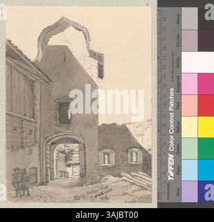 Diese Zeichnung von Johann Rudolf Rahn aus dem Jahr 1906 zeigt das Rote Tor in Ilanz, Schweiz, Teil der ehemaligen Stadtbefestigung. Die Zeichnung befindet sich in der Sammlung der Zentralbibliothek Zürich. Stockfoto