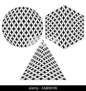 Rautenförmige, verformte Formen. Optischer Illusionsvektor. Verdrehte Netzgeometrie. Abstraktes schwarzes Design. Stock Vektor