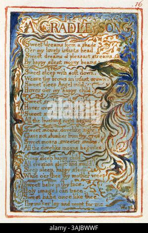 Diese Version von „A Cradle Song“ aus Blakes Sammlung von 1826 veranschaulicht Themen der kindlichen Unschuld und mütterlichen Zuneigung, die durch Blakes charakteristische visionäre Kunst repräsentiert werden. Stockfoto
