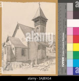 Diese Zeichnung von Johann Rudolf Rahn aus dem Jahr 1906 zeigt eine Außenansicht der ehemaligen Pfarrkirche St. Martin in Ilanz, Schweiz, die ihre architektonischen Besonderheiten und ihre historische Bedeutung unterstreicht. Stockfoto