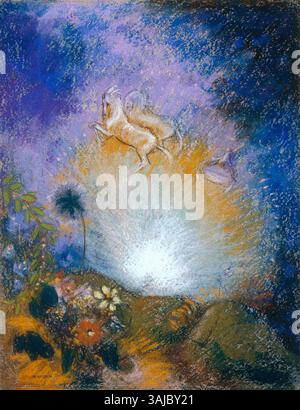 Odilon Redons zwischen 1905 und 1910 entstandener „Apollo’s Chariot“ spiegelt die Erforschung der Mythologie durch traumhafte Bilder wider. Das Stück stellt Apollo in seinem Wagen dar und erinnert an Symbolismus und Bewegungsgefühl. Stockfoto