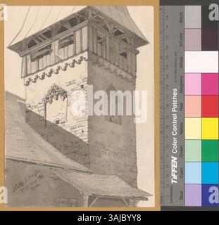 Das Bild zeigt einen Teil des Turms aus der ehemaligen St.-Martin-Kirche in Ilanz, der sich auf die architektonischen Details des verbliebenen Bauwerks konzentriert. Stockfoto