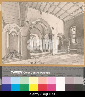 Diese Zeichnung von Johann Rudolf Rahn aus dem Jahr 1906 zeigt die Innenansicht (Chor) der ehemaligen St. Martin-Kirche in Ilanz, Schweiz, und hebt deren architektonische Gestaltung hervor. Stockfoto