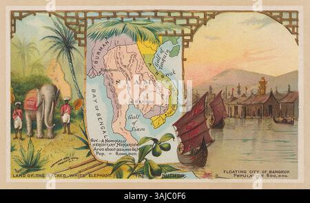 Diese 1889 Trade Card von Arbuckle Bros Coffee Co. Zeigt eine Karte von Siam (Thailand) mit Bangkok, der schwimmenden Stadt und einem heiligen weißen Elefanten. Stockfoto