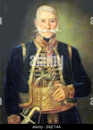 Ein abgeschnittenes Porträt von Jakov Nenadovic, einer historischen Figur, die für seine Rolle in der serbischen Geschichte bekannt ist. Das Gemälde oder der Druck fängt sein Gleichnis in einem stilisierten oder historischen Format ein. Stockfoto