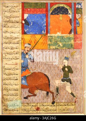 Dieses Gemälde aus der Zafarnama, das 1436 geschaffen wurde, zeigt Shah Rukhs triumphalen Eintritt in Samarkand 1394, nachdem er von Timur zum Gouverneur ernannt wurde. Die Komposition unterstreicht seine Führung, mit einer Prozession vor der Tür, die den politischen Wandel in der Region symbolisiert. Das Gemälde spiegelt den künstlerischen und politischen Kontext des Timuridenreiches wider. Stockfoto