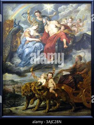 Das Gemälde von Peter Paul Rubens mit dem Titel „das Treffen von Marie de' Medici und Heinrich IV. In Lyon“ zeigt das Treffen der französischen Königin und des Königs von 1600, das zwischen 1621 und 1625 gemalt wurde. Es ist Teil des Marie de' Medici-Zyklus und befindet sich im Louvre. Stockfoto