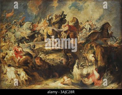 „Die Schlacht der Amazonen“ von Peter Paul Rubens, gemalt 1615, zeigt eine mythologische Schlacht zwischen den Amazonen und Griechen. Das Ölgemälde ist bekannt für seine dramatische Komposition und lebendige Handlung. Stockfoto