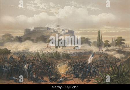 Diese handkolorierte Lithografie zeigt Quitmans Angriff während des Sturms von Chapultepec am 13. September 1847 während des Mexikanisch-Amerikanischen Krieges. Die Szene wurde 1851 von Adolphe Jean-Baptiste Bayot geschaffen. Stockfoto