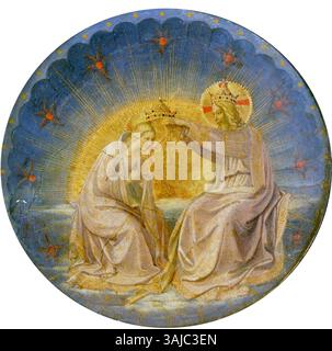 FRA Angelico's Tondo mit der Krönung der Jungfrau Maria, gemalt in den 1450er Jahren, untergebracht in San Marco, Florenz. Das Stück repräsentiert religiöse Kunst der Frührenaissance mit seiner detaillierten Darstellung der Krönung der Jungfrau. Stockfoto